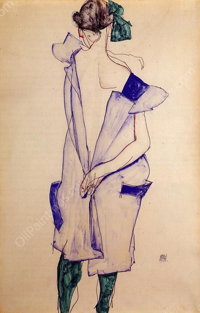 Standing Girl in a Blue Dress and Green Stockings, Back View by Egon Schiele - Hand-Painted Oil Painting Reproduction