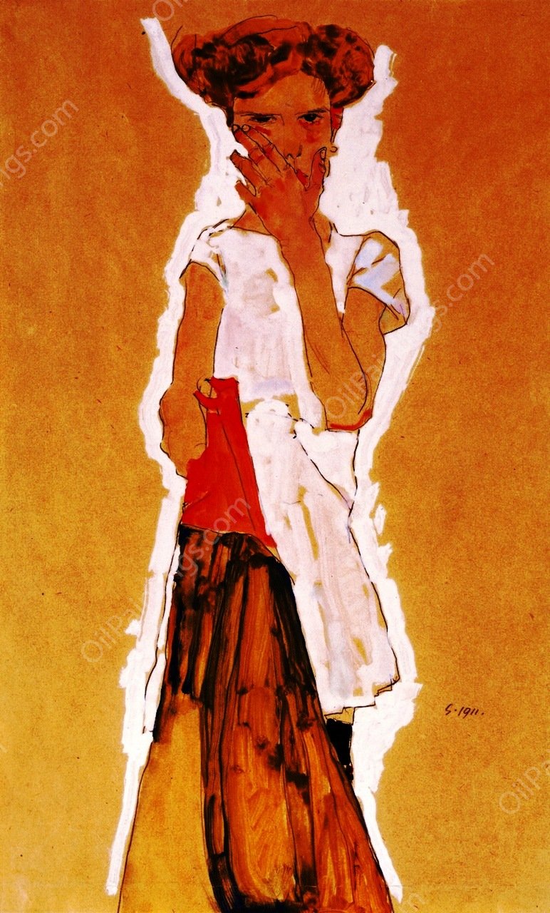 Standing Girl in White Underwear by Egon Schiele - Hand-Painted Oil Painting Reproduction