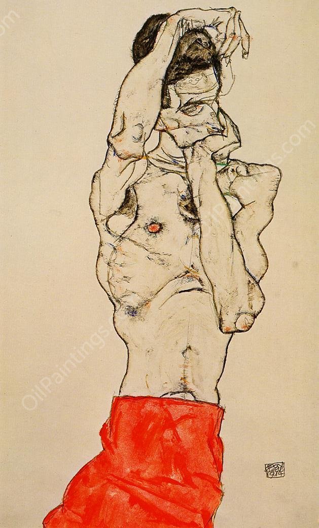 Standing Male Nude with a Red Loincloth by Egon Schiele - Hand-Painted Oil Painting Reproduction