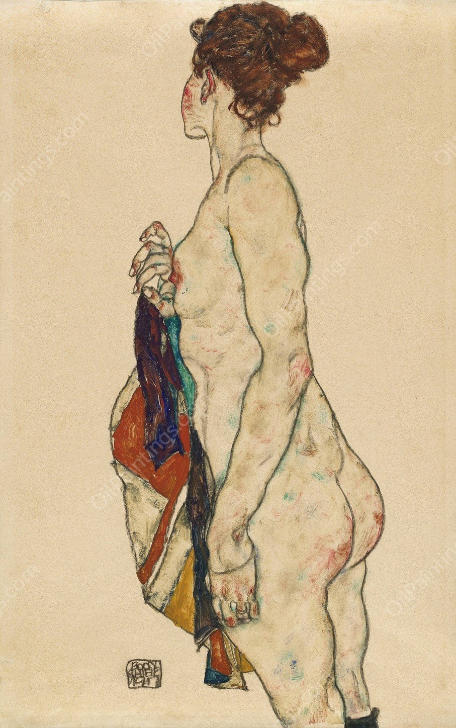 Standing Nude with a Patterned Robe  by Egon Schiele - Hand-Painted Oil Painting Reproduction
