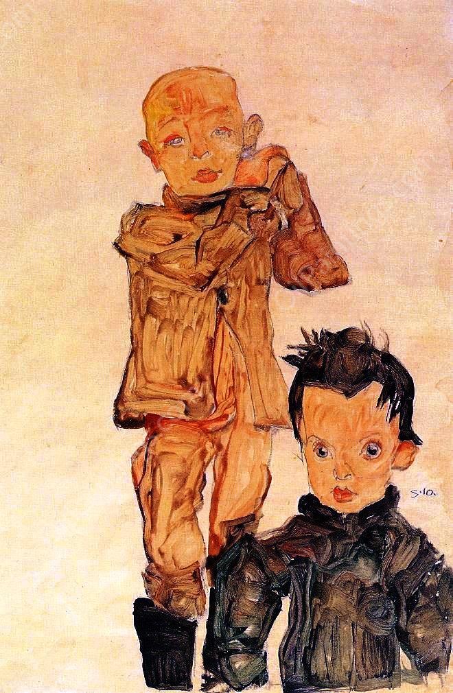 Two Boys by Egon Schiele - Hand-Painted Oil Painting Reproduction