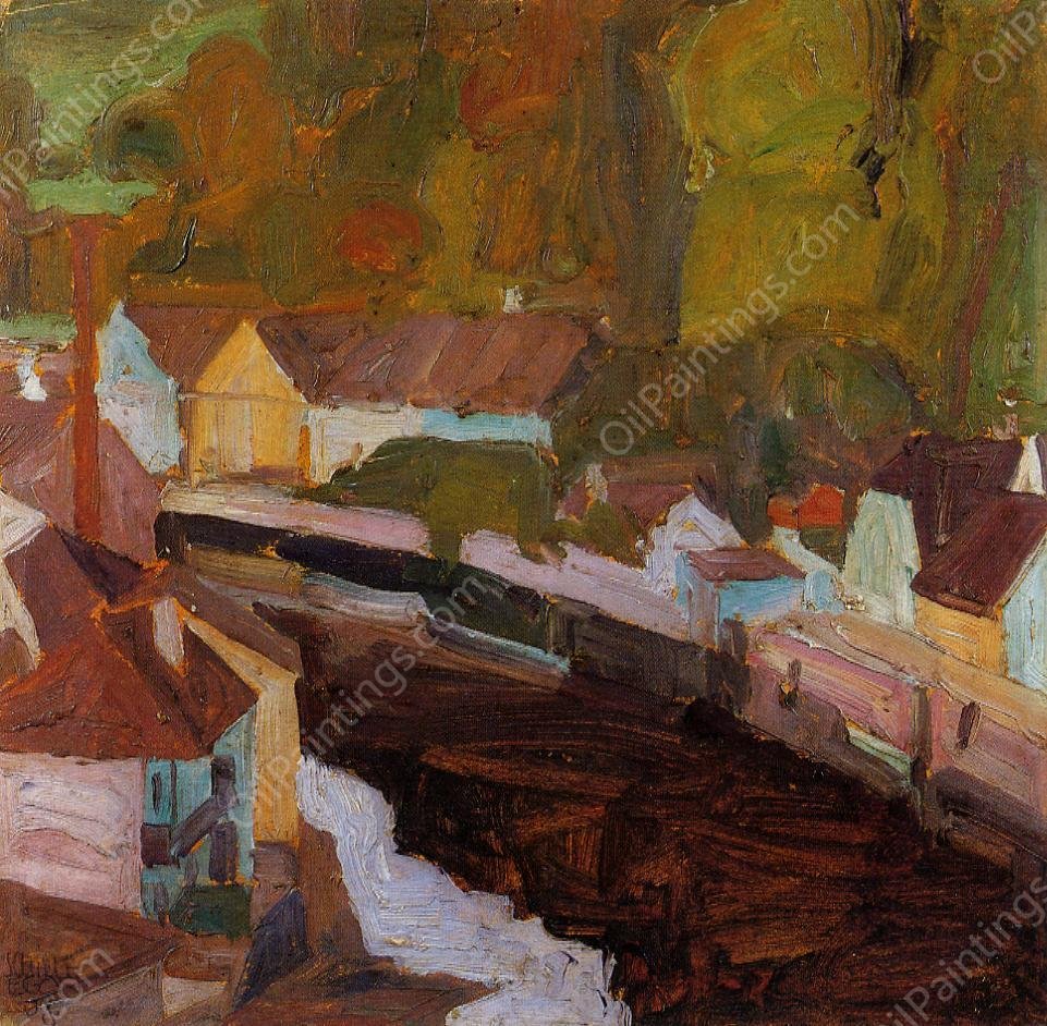 Village by the River II by Egon Schiele - Hand-Painted Oil Painting Reproduction