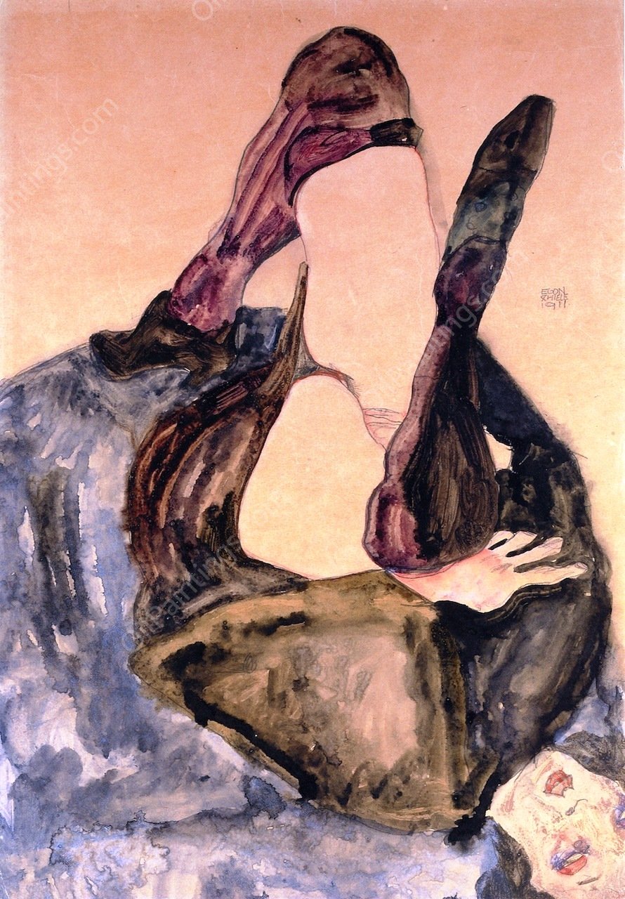 Woman with Raised Leg and Purple Tights by Egon Schiele - Hand-Painted Oil Painting Reproduction