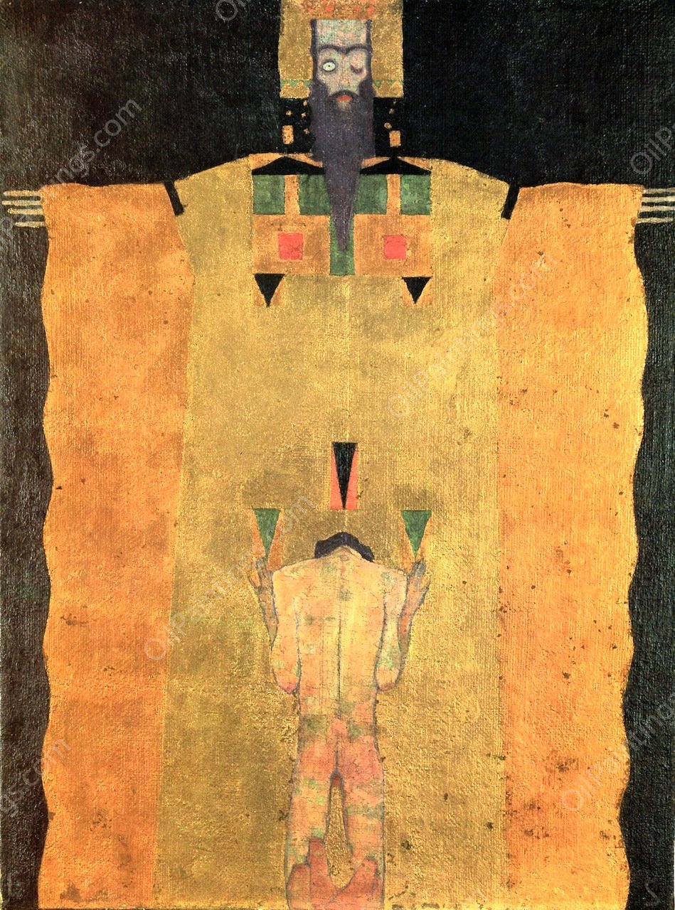 Young Man Kneeling before God the Father by Egon Schiele - Hand-Painted Oil Painting Reproduction