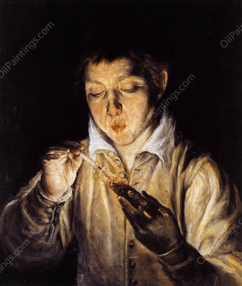 A Boy Blowing on an Ember to Light a Candle Soplon by El Greco - Hand-Painted Oil Painting Reproduction