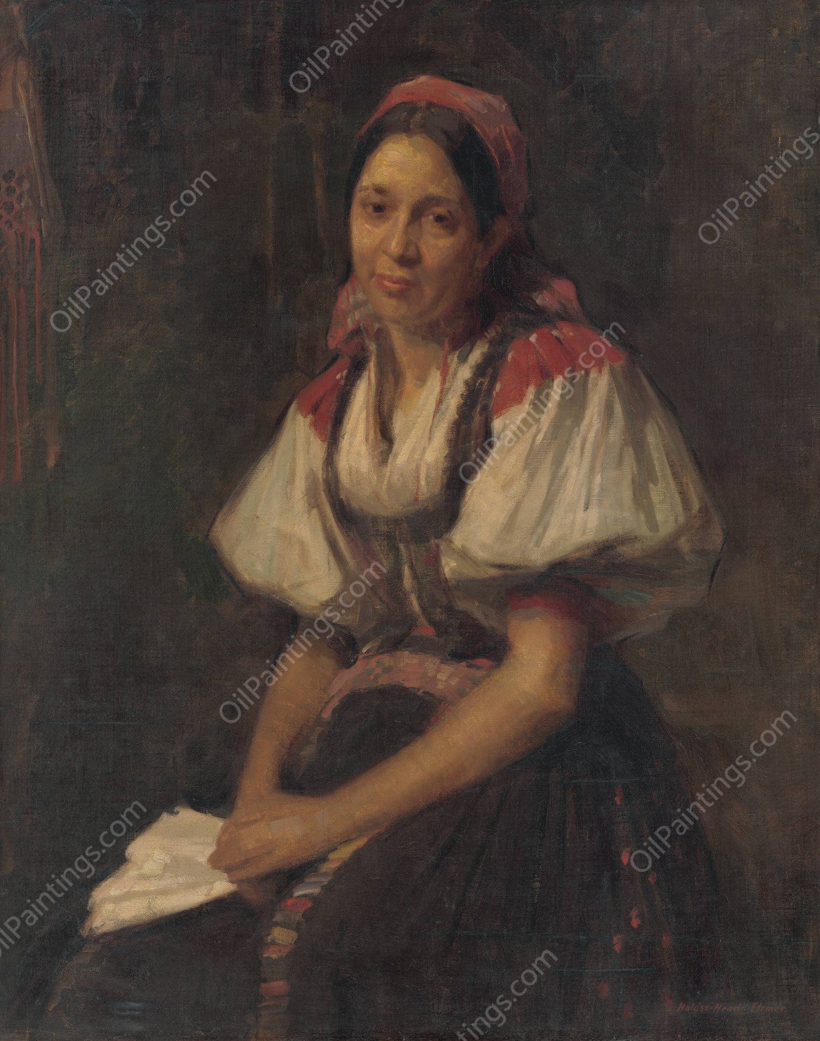 Peasant Woman in Folk Costume  by Elemir Halasz-Hradil - Hand-Painted Oil Painting Reproduction