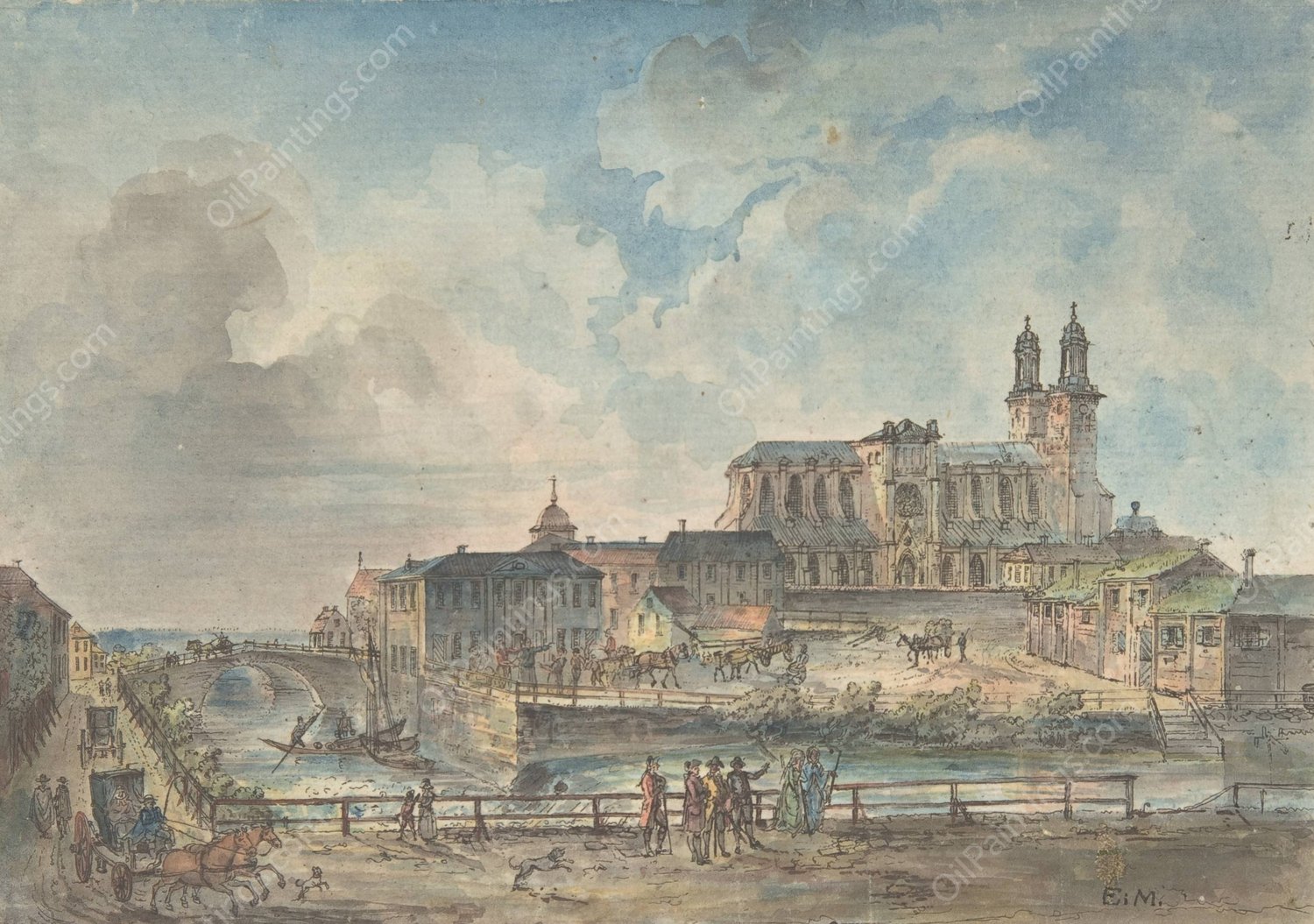 View of Uppsala cathedral from the North  by Elias Martin - Hand-Painted Oil Painting Reproduction