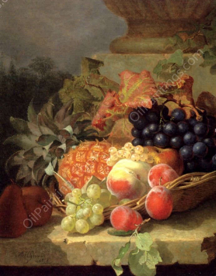 Peaches, Grapes and a Pineapple In a Basket, On a Stone Ledge by Eloise Harriet Stannard - Hand-Painted Oil Painting Reproduction