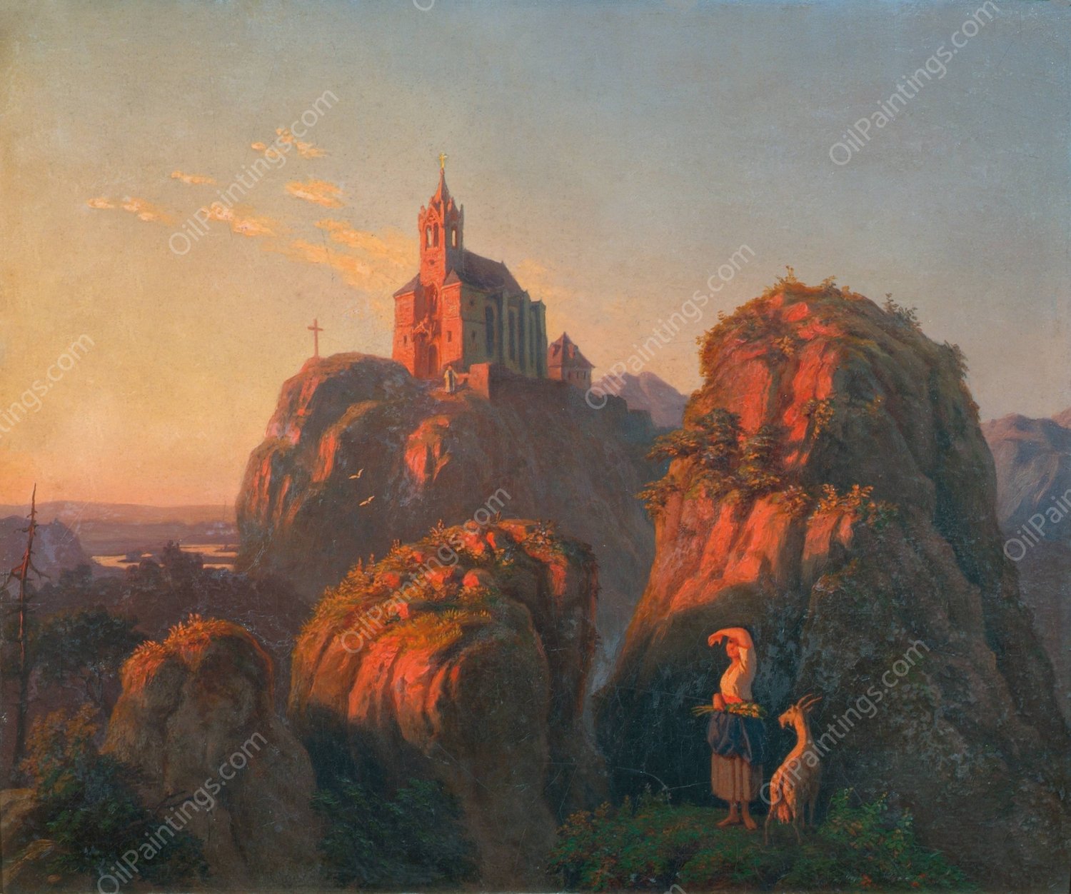 Landschaft mit Kirche am Abend  by Emil Ludwig Lohr - Hand-Painted Oil Painting Reproduction