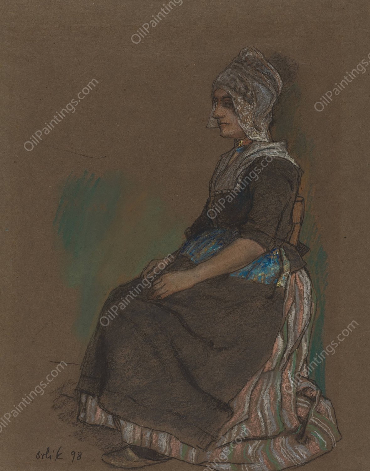 Volendam Girl In Costume  by Emil Orlik - Hand-Painted Oil Painting Reproduction