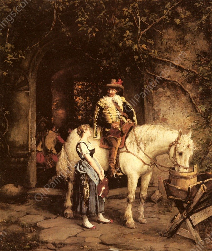 A Stop at the Tavern by Emil Rau - Hand-Painted Oil Painting Reproduction