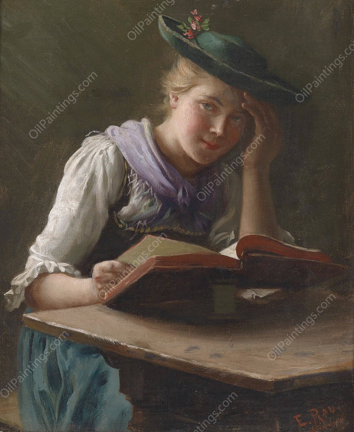 Spannende Lekture by Emil Rau - Hand-Painted Oil Painting Reproduction