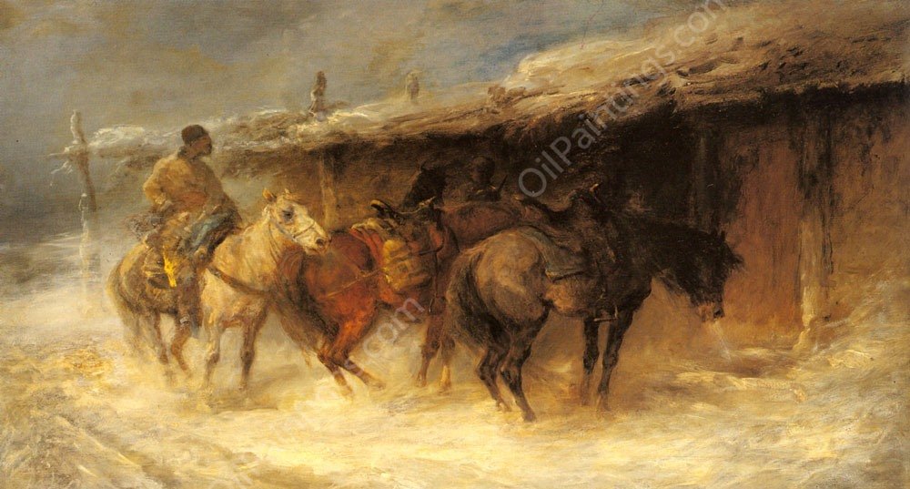 Wallachian Horsemen in the Snow by Emil Rau - Hand-Painted Oil Painting Reproduction