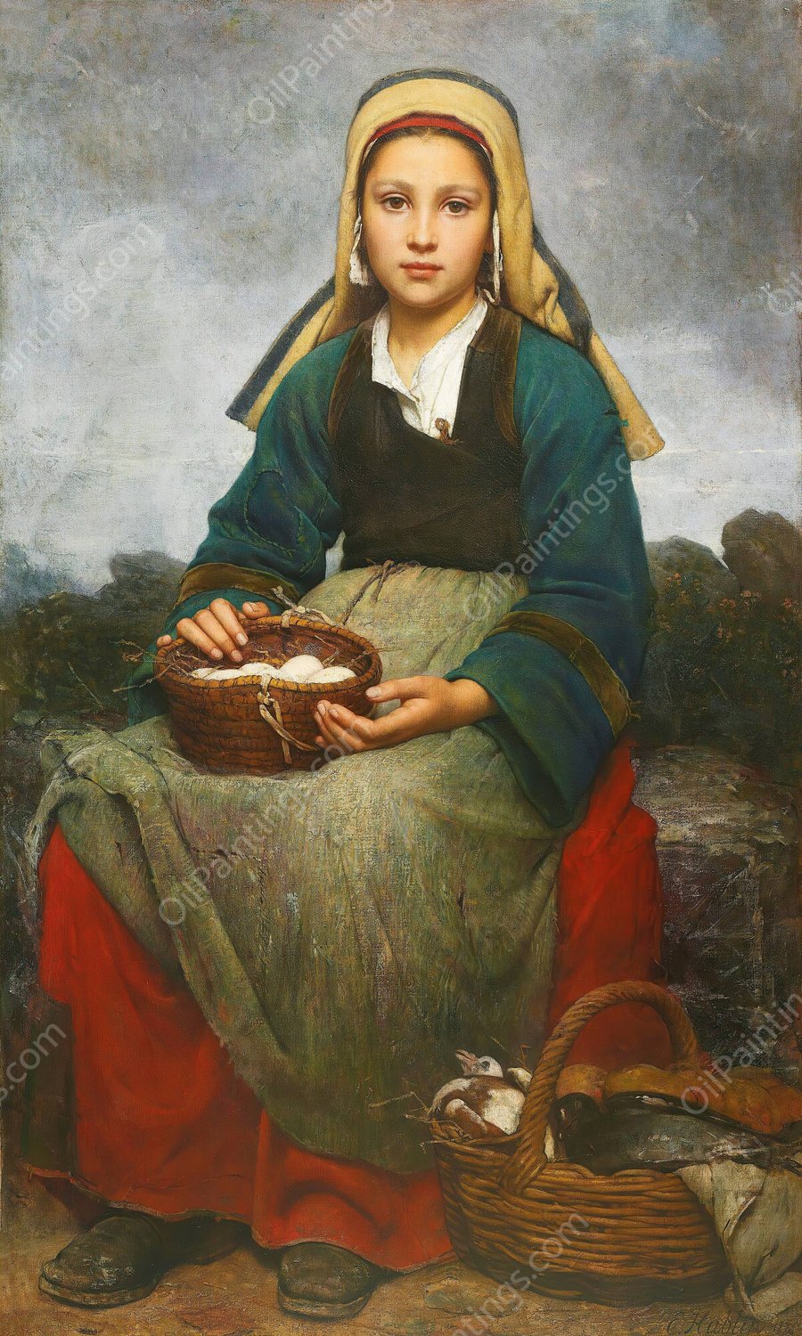 A Young Girl Holding A Basket Of Eggs  by Emile-Auguste Hublin - Hand-Painted Oil Painting Reproduction