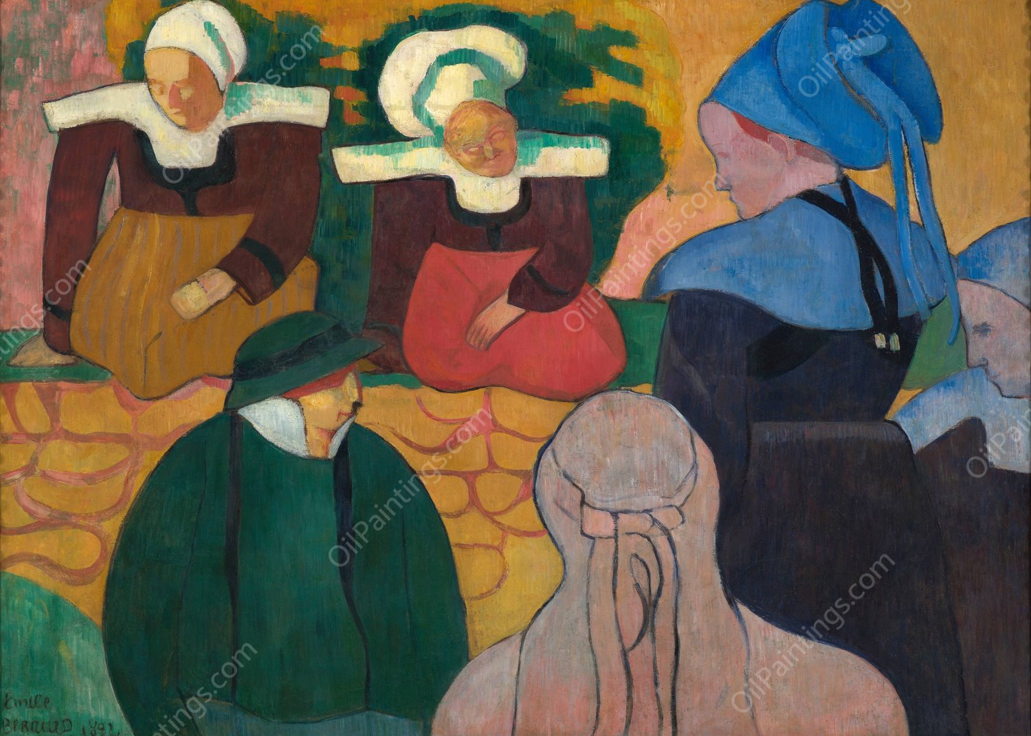 Breton Women At A Wall  by Emile Bernard - Hand-Painted Oil Painting Reproduction