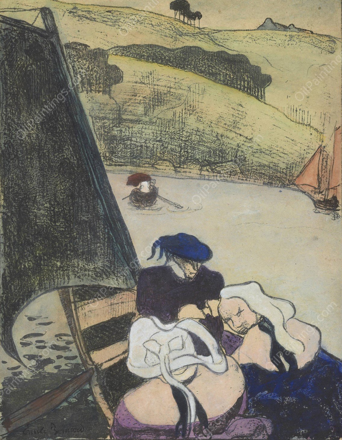 Bretons dans une barque  by Emile Bernard - Hand-Painted Oil Painting Reproduction