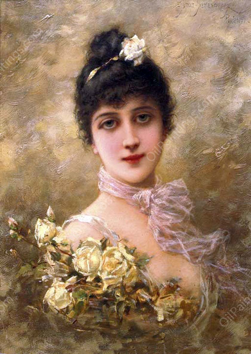 Elegant Lady with Yellow Roses by Emile Eisman-Semenowsky - Hand-Painted Oil Painting Reproduction