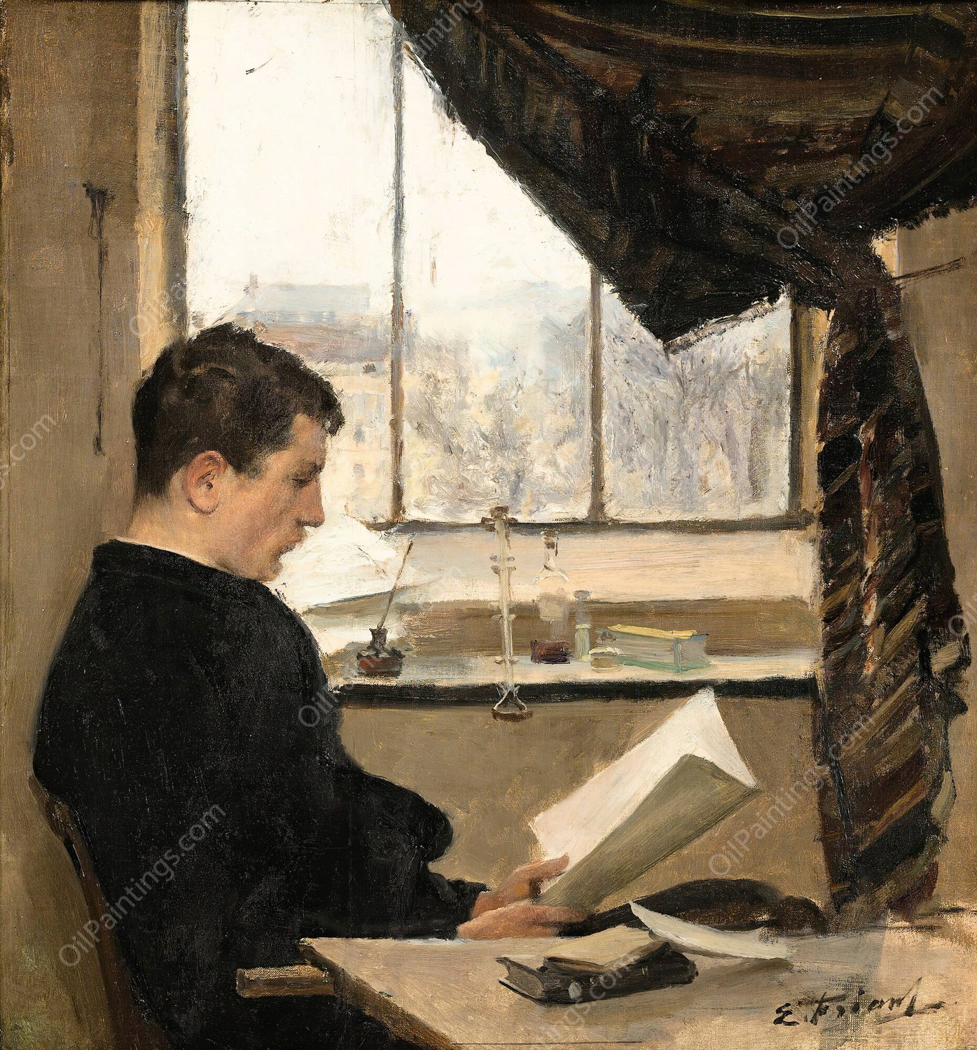 Self-Portrait Reading In The Studio, Also Known As The Student by Emile Friant - Hand-Painted Oil Painting Reproduction
