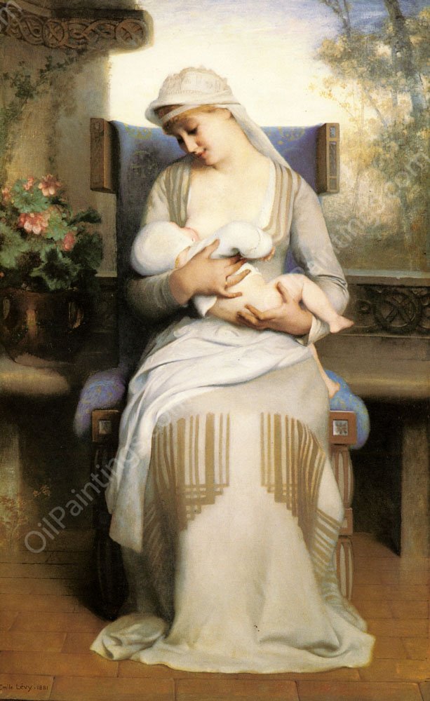 Young Mother Feeding Her Baby by Emile Levy - Hand-Painted Oil Painting Reproduction