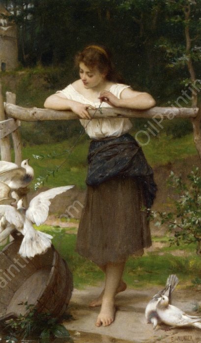 Teasing the Doves by Emile Munier - Hand-Painted Oil Painting Reproduction