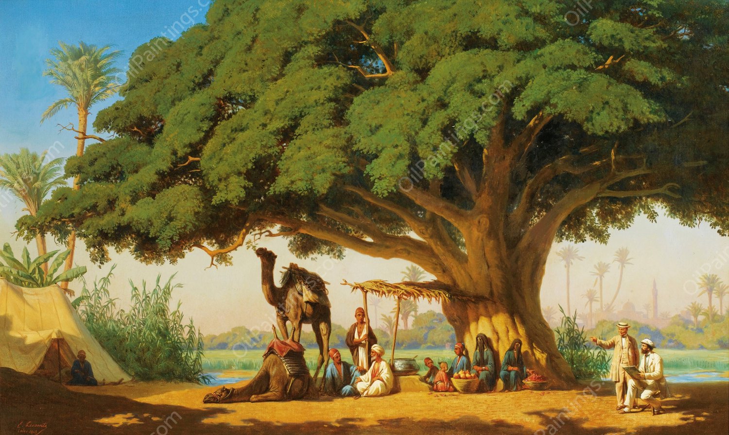 Travelling Artists Sketching An Arab Encampment, Cairo  by Emile Vernet-Lecomte - Hand-Painted Oil Painting Reproduction