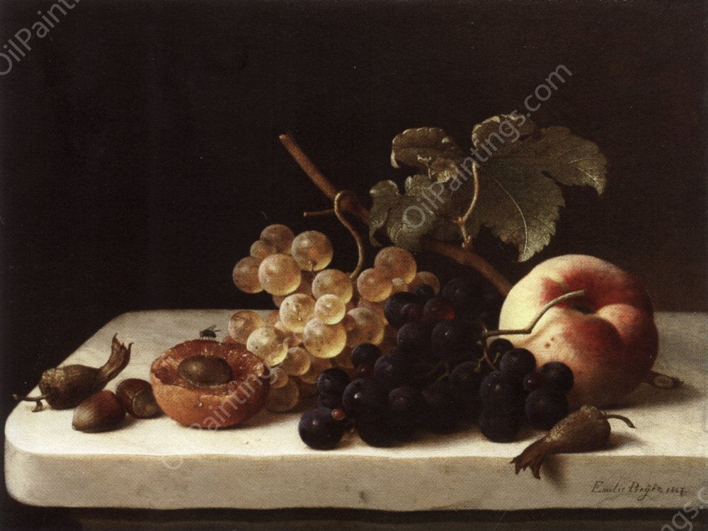 Grapes Acorns and Apricots on a Marble Ledge by Emilie Preyer - Hand-Painted Oil Painting Reproduction