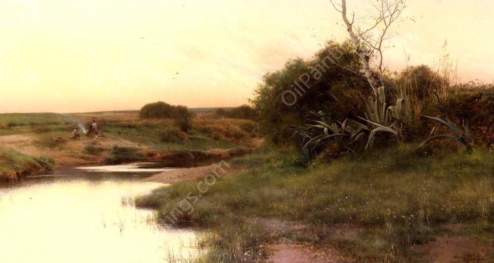 On The River's Edge At Dusk by Emilio Sanchez-Perrier - Hand-Painted Oil Painting Reproduction