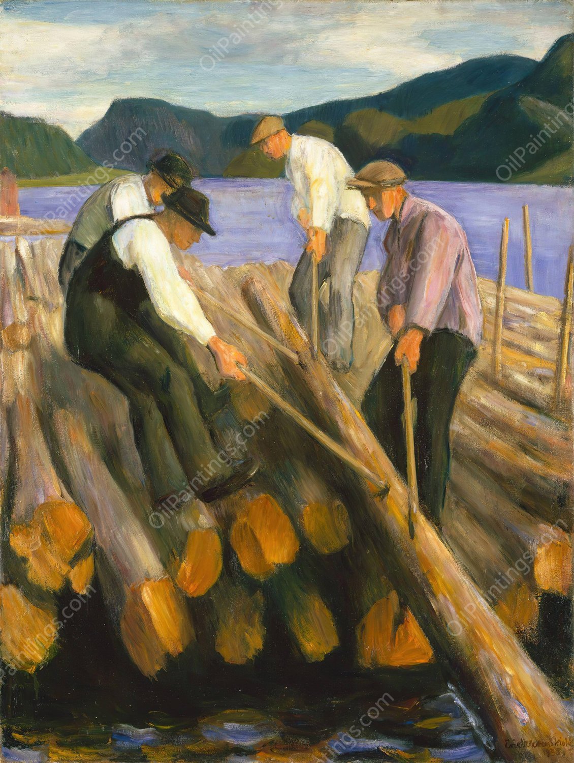 Men working on a Timber Boom  by Erik Werenskiold - Hand-Painted Oil Painting Reproduction