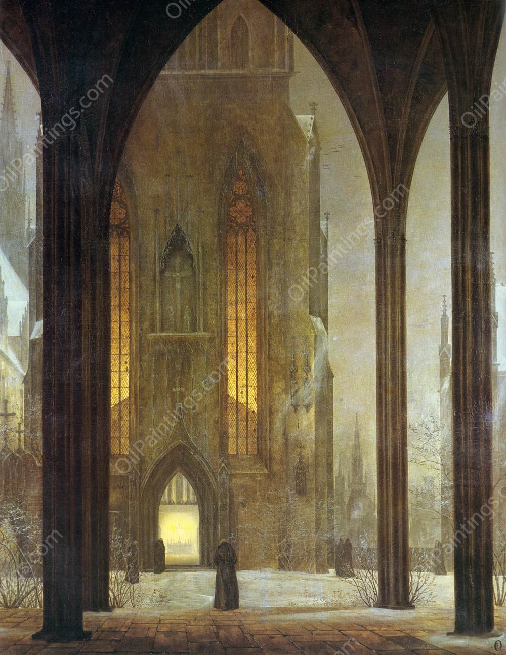 Cathedral in Winter by Ernst Ferdinand Oehme - Hand-Painted Oil Painting Reproduction