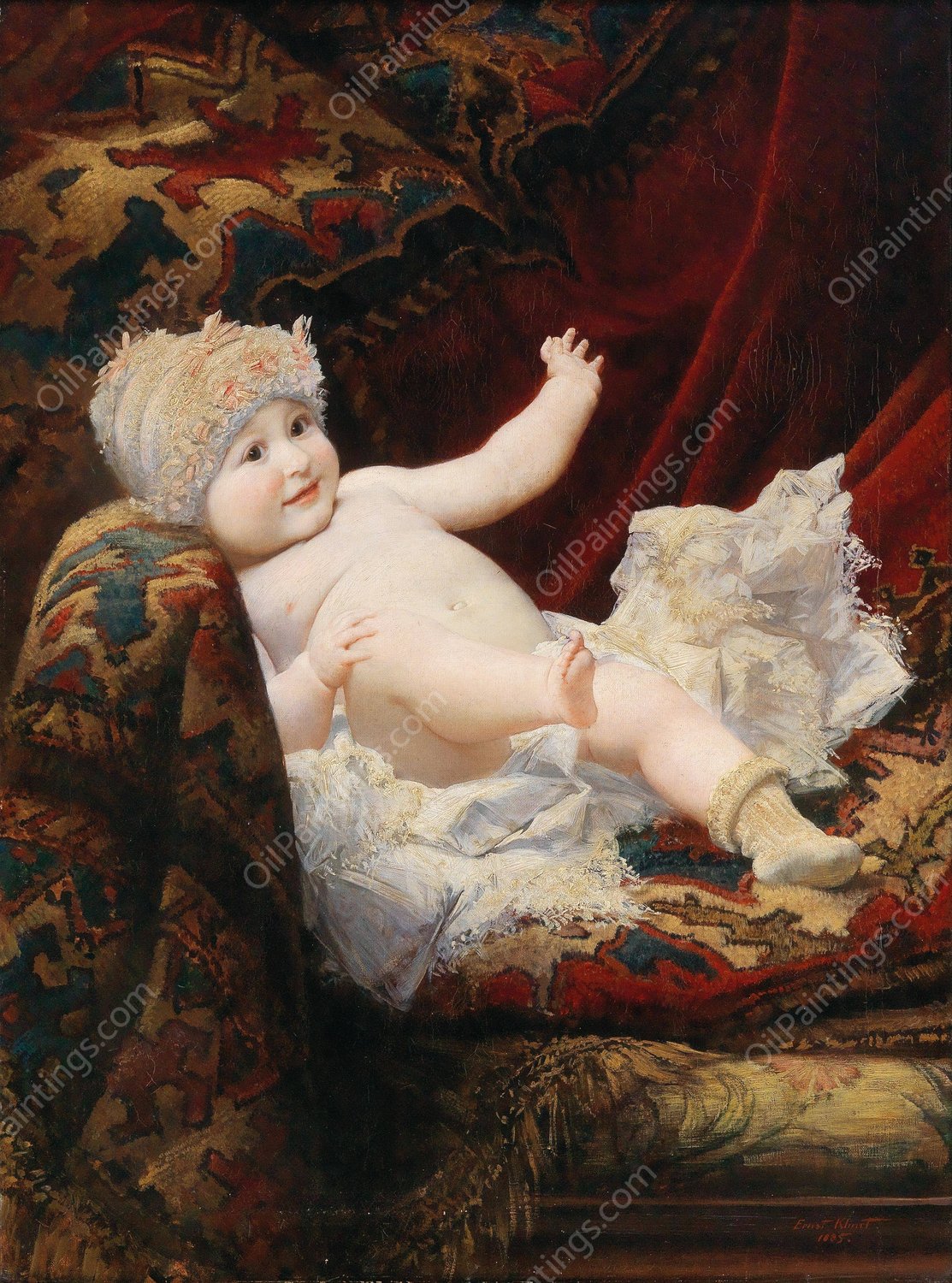 Portrait of a baby with lace bonnet  by Ernst Klimt - Hand-Painted Oil Painting Reproduction
