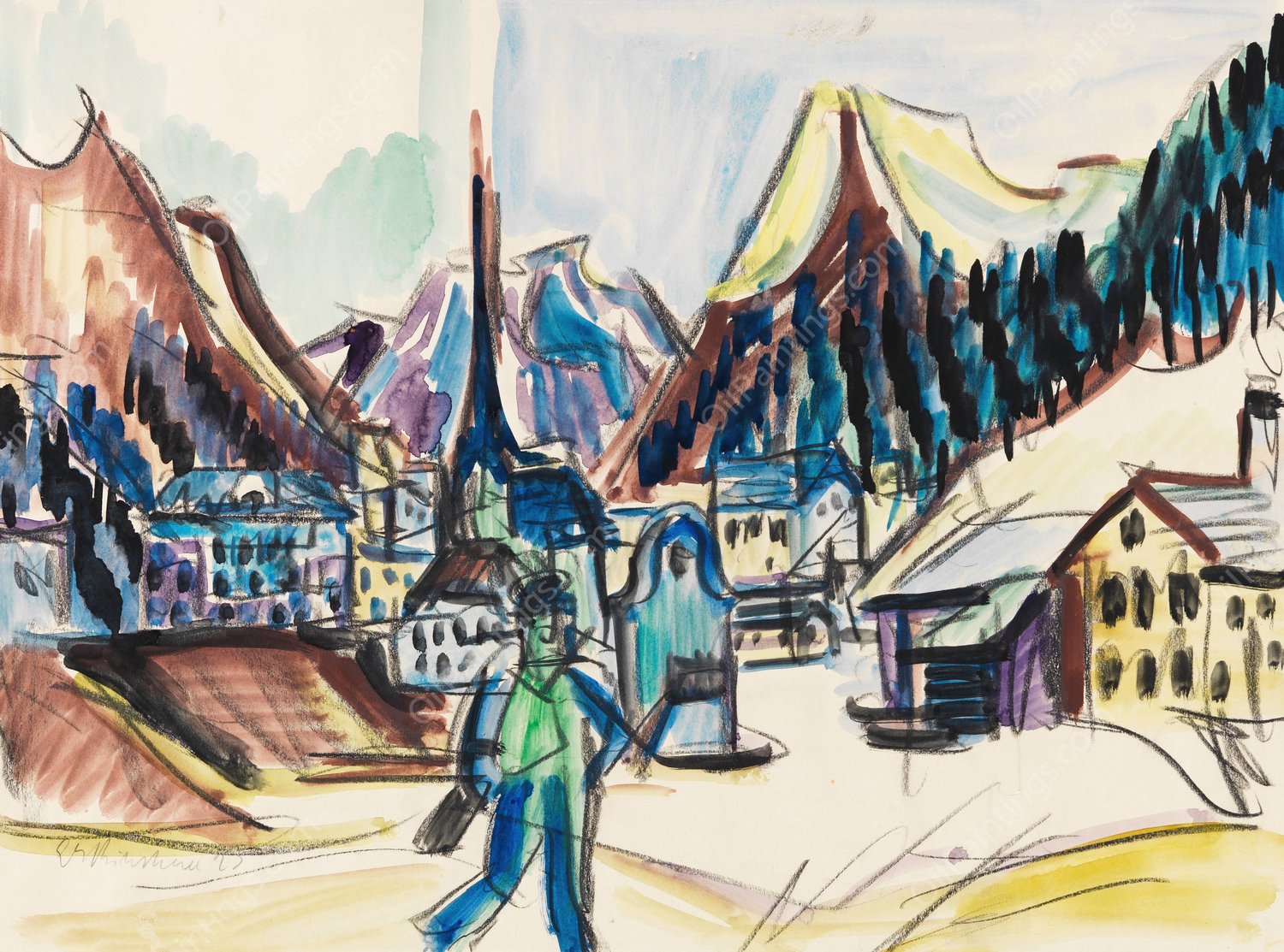 Ansicht von Davos  by Ernst Ludwig Kirchner - Hand-Painted Oil Painting Reproduction