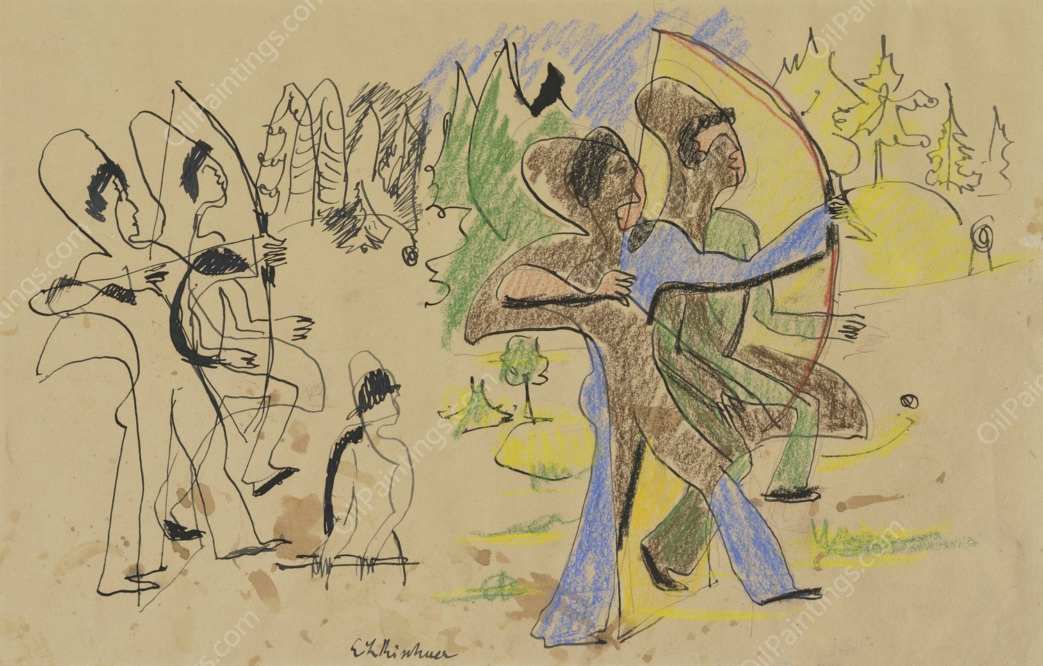 Archers  by Ernst Ludwig Kirchner - Hand-Painted Oil Painting Reproduction