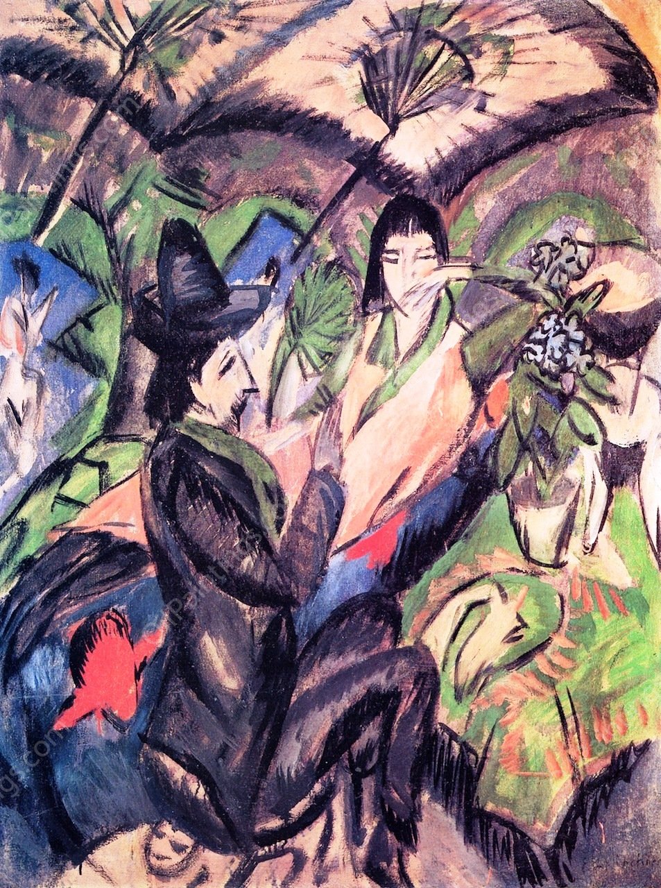 Couple under a Japanese Umbrella by Ernst Ludwig Kirchner - Hand-Painted Oil Painting Reproduction