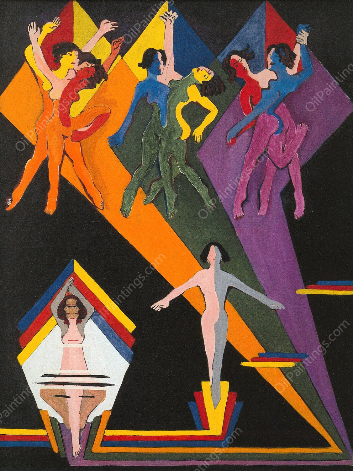 Dancing Girls in Colourful Rays  by Ernst Ludwig Kirchner - Hand-Painted Oil Painting Reproduction