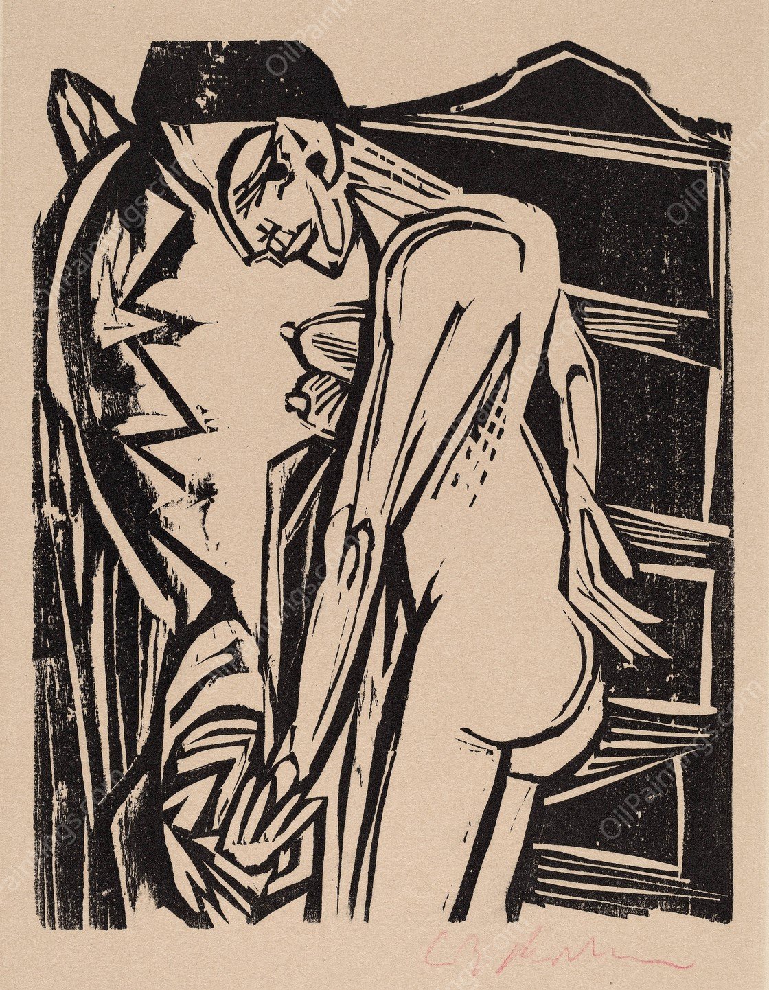 Female Nude Before a Cabinet  by Ernst Ludwig Kirchner - Hand-Painted Oil Painting Reproduction