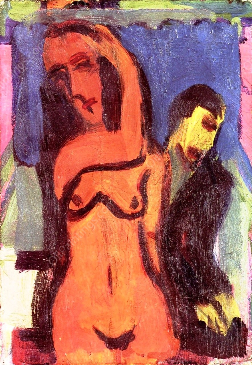 Female Nude with Male Figure by Ernst Ludwig Kirchner - Hand-Painted Oil Painting Reproduction