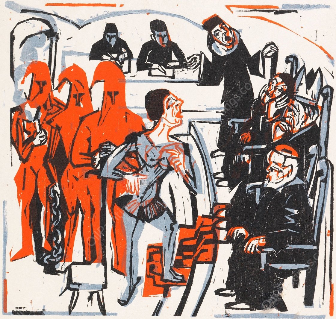 Gerichtsszene aus Shaw's heiliger Johanna  by Ernst Ludwig Kirchner - Hand-Painted Oil Painting Reproduction