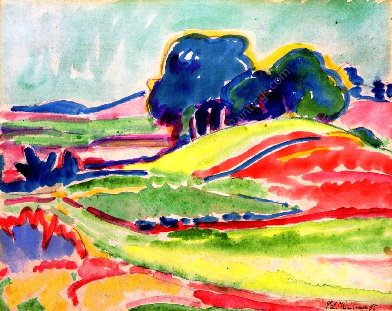 Landscape with Hills and Trees near Dresden by Ernst Ludwig Kirchner - Hand-Painted Oil Painting Reproduction