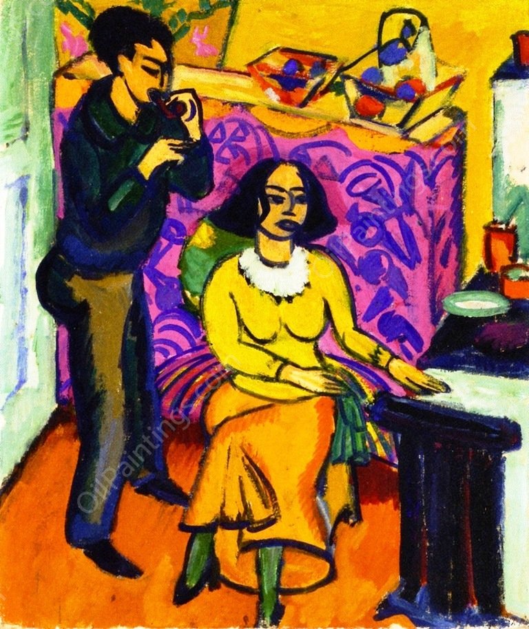 Otto and Maschka Mueller in the Studio by Ernst Ludwig Kirchner - Hand-Painted Oil Painting Reproduction
