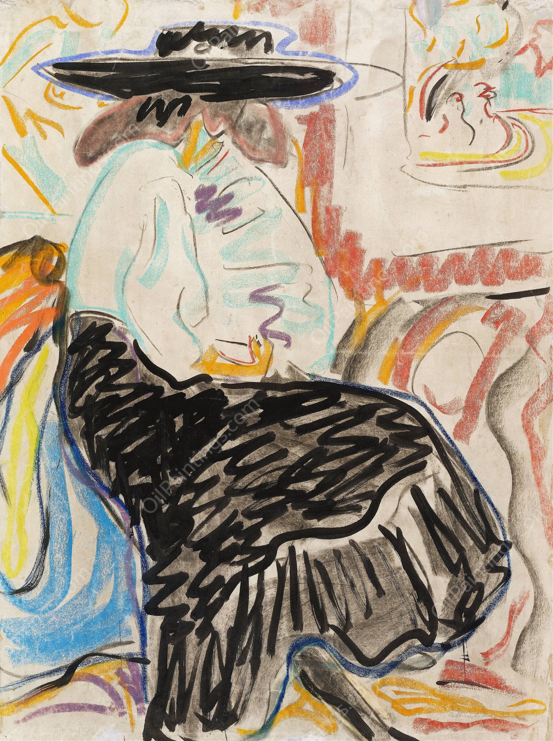 Seated Woman in the Studio  by Ernst Ludwig Kirchner - Hand-Painted Oil Painting Reproduction