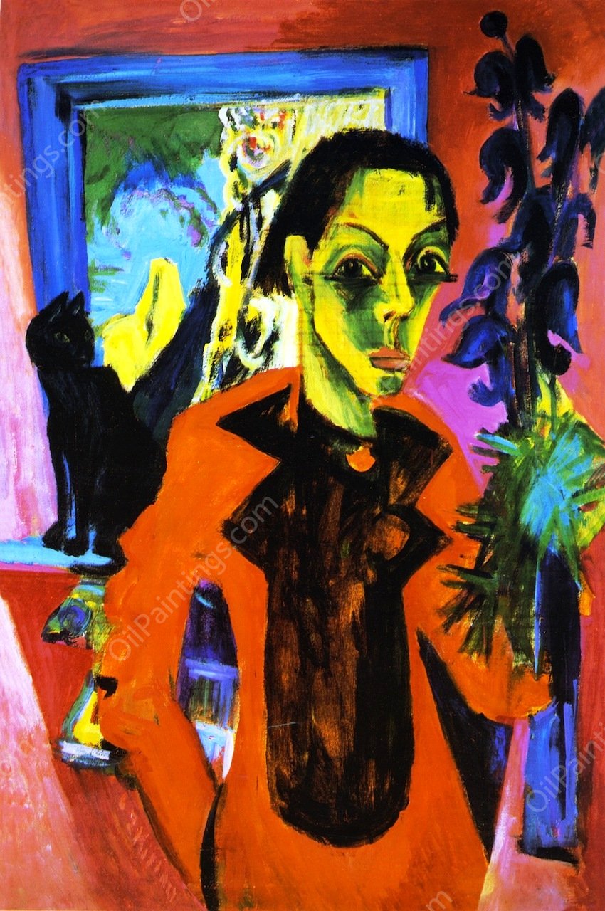 Self Portrait with Cat by Ernst Ludwig Kirchner - Hand-Painted Oil Painting Reproduction