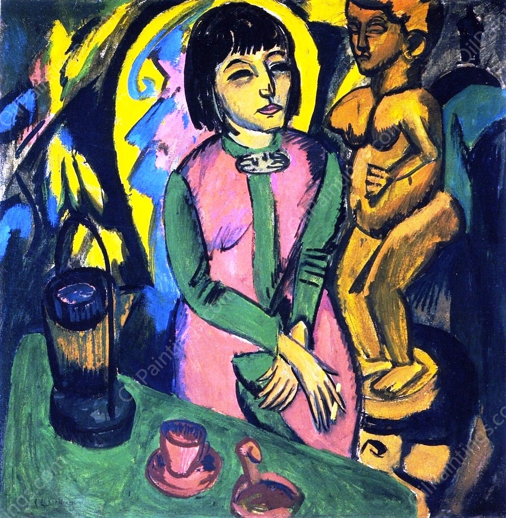 Sitzende Frau mit Holzplastik by Ernst Ludwig Kirchner - Hand-Painted Oil Painting Reproduction