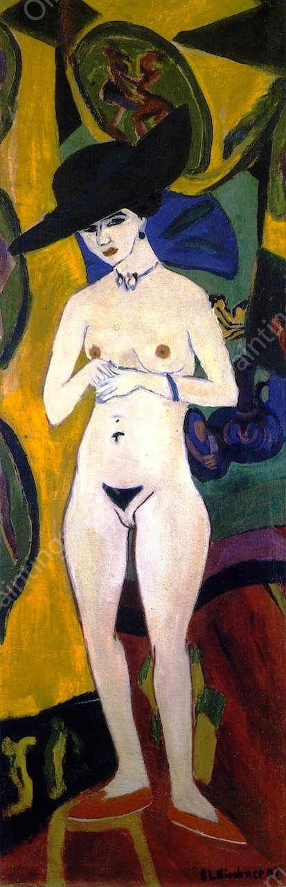 Stehender Akt mit Hut by Ernst Ludwig Kirchner - Hand-Painted Oil Painting Reproduction