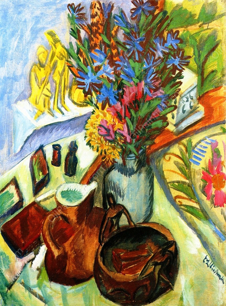 Still Life with Jar and Africa Cup by Ernst Ludwig Kirchner - Hand-Painted Oil Painting Reproduction