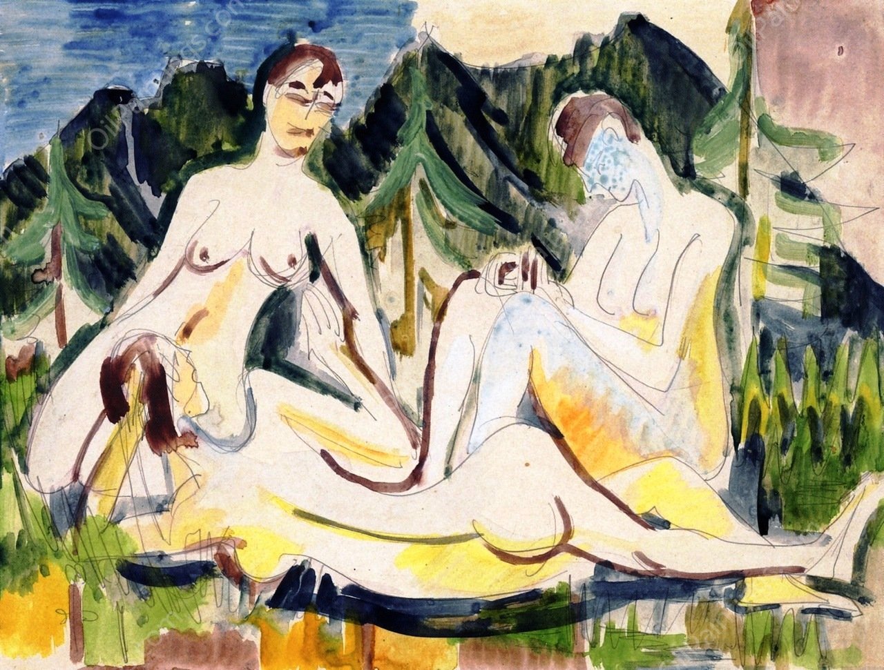 Three Nudes in a Glade by Ernst Ludwig Kirchner - Hand-Painted Oil Painting Reproduction