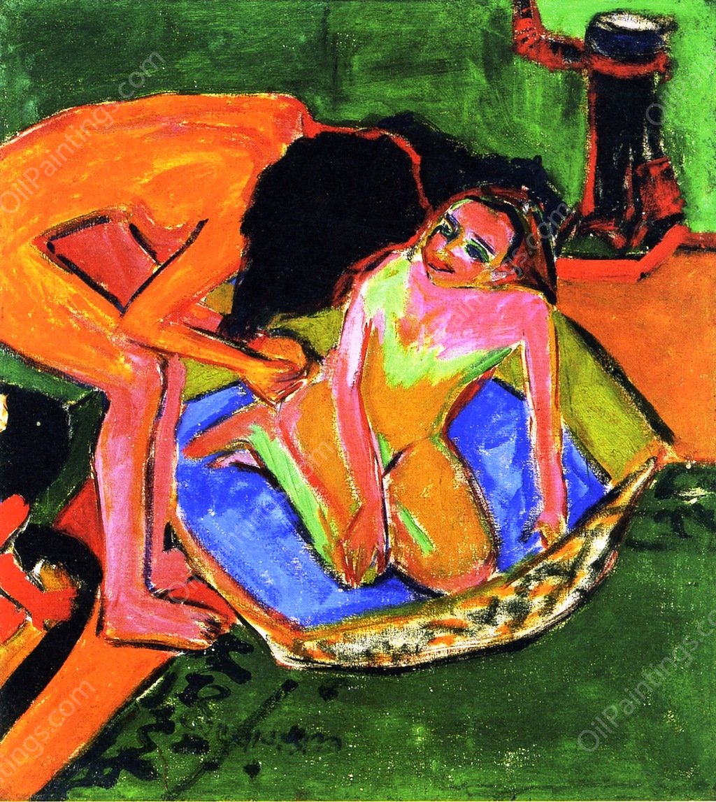 Two Nudes with Bathtub and Oven by Ernst Ludwig Kirchner - Hand-Painted Oil Painting Reproduction