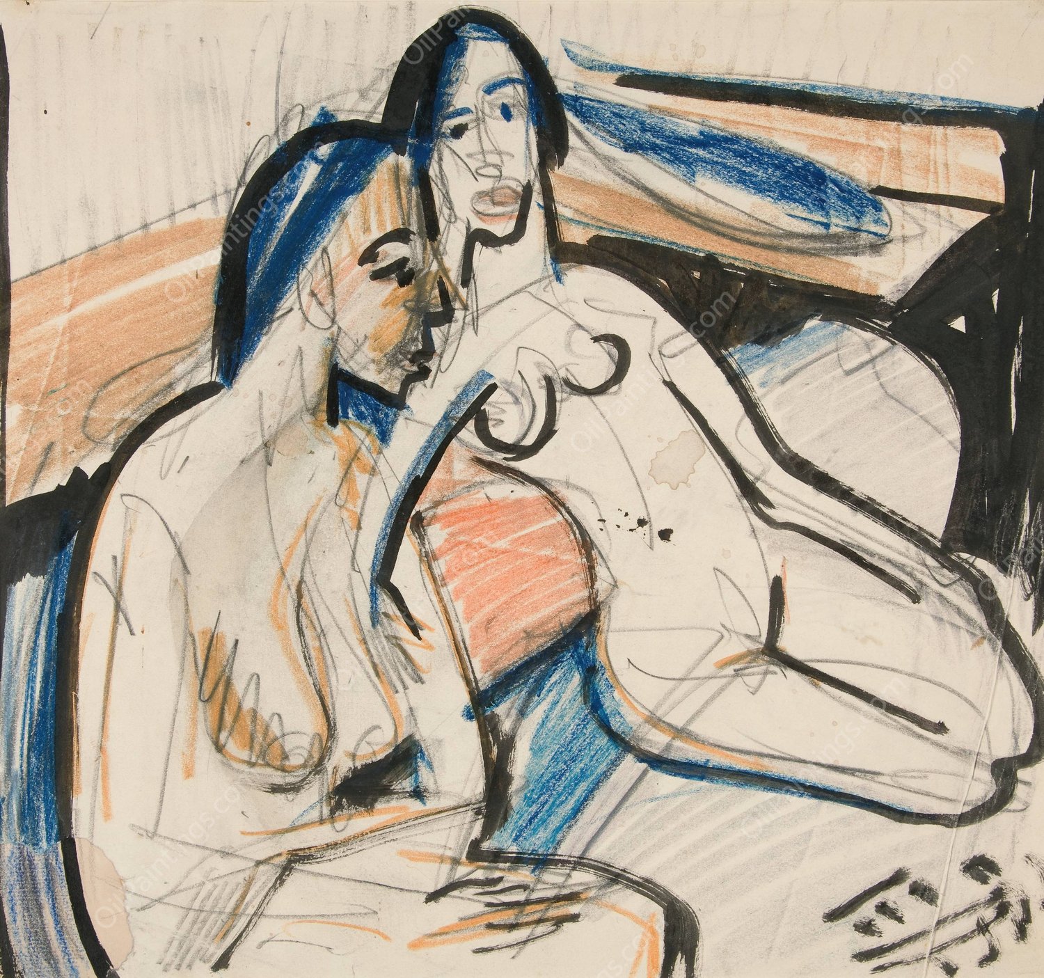 Two Seated Women in Studio  by Ernst Ludwig Kirchner - Hand-Painted Oil Painting Reproduction