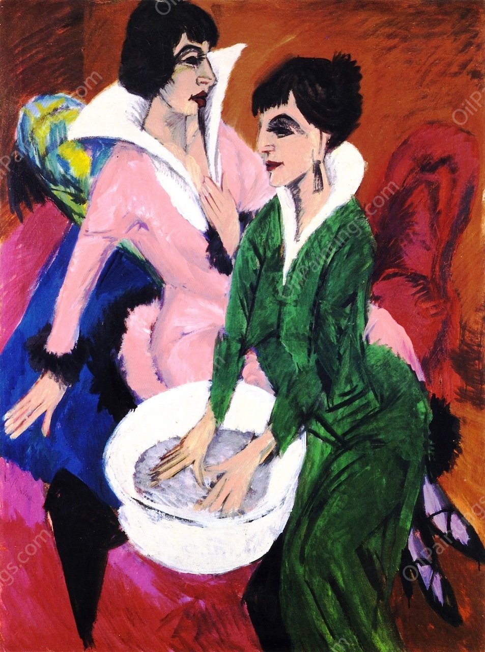 Two Women with a Washbasin by Ernst Ludwig Kirchner - Hand-Painted Oil Painting Reproduction