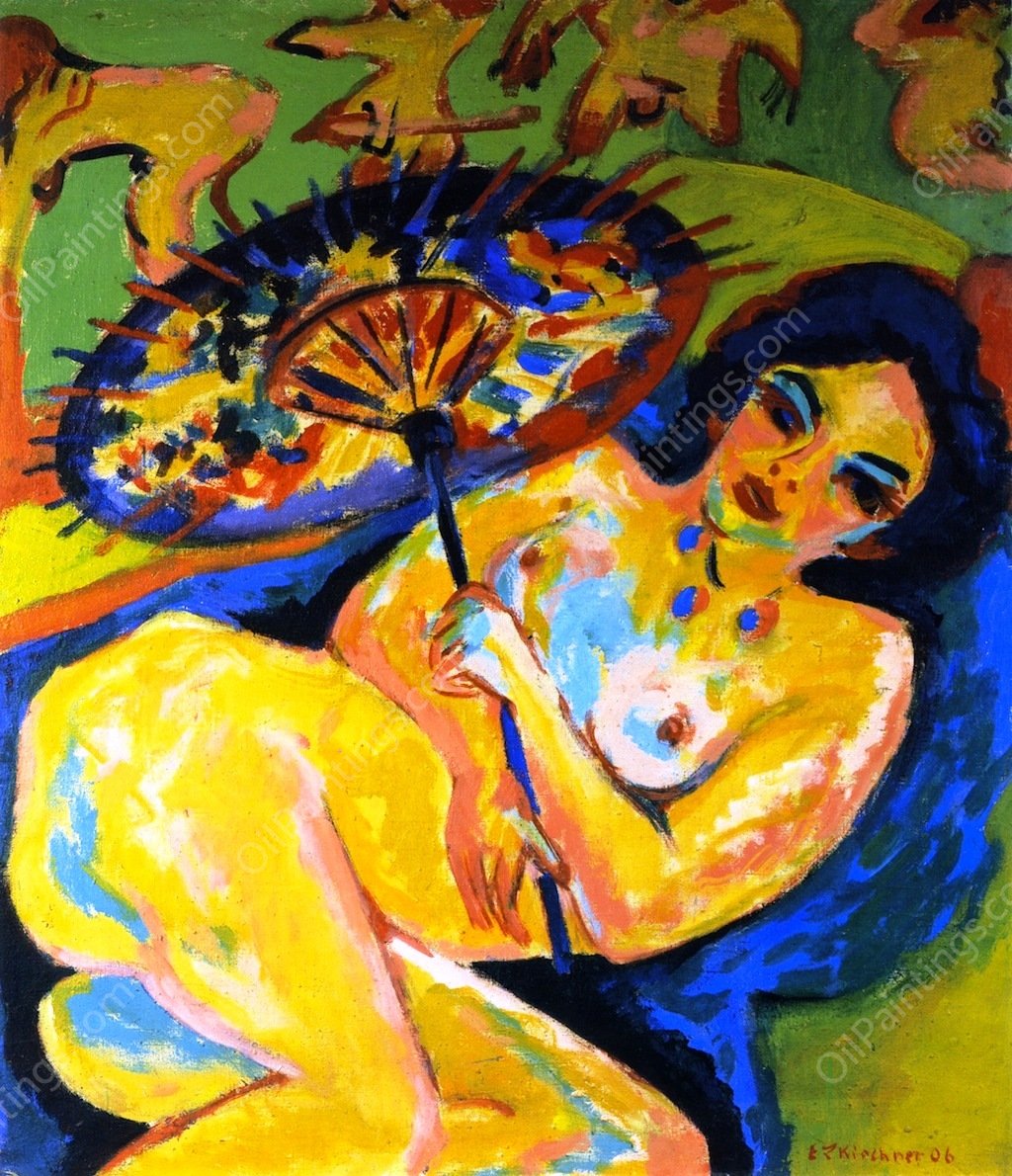 Young Woman under a Japanese Umbrella by Ernst Ludwig Kirchner - Hand-Painted Oil Painting Reproduction
