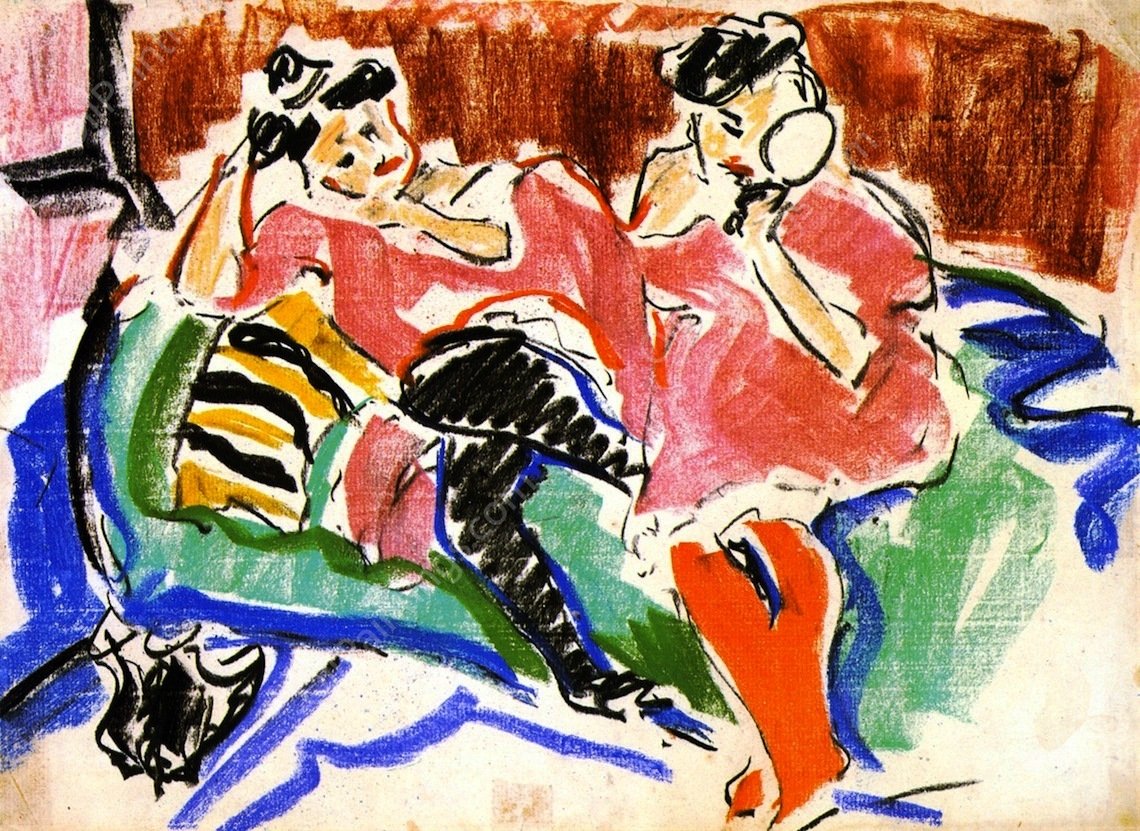 Zwei Frauen Auf Einen Sofa Sitzend by Ernst Ludwig Kirchner - Hand-Painted Oil Painting Reproduction